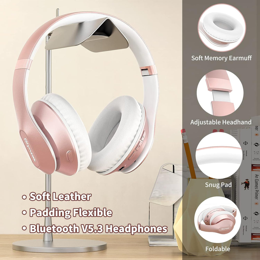 Wireless Bluetooth Headphones Over Ear 65H Playtime HiFi Stereo Headset with Microphone and 6EQ Modes Foldable Bluetooth V6.0 Headphones for Travel Smartphone Computer Laptop Rose Gold